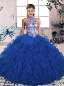  Floor Length Blue Ball Gown Prom Dress Tulle Sleeveless Beading and Ruffles