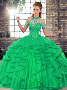  Floor Length Green Quinceanera Dress Halter Top Sleeveless Lace Up