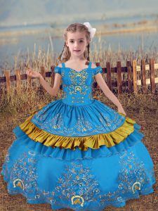  Baby Blue Ball Gowns Beading and Embroidery Kids Formal Wear Lace Up Satin Sleeveless Floor Length