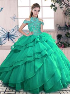 Free and Easy Turquoise Quinceanera Dress Sweet 16 and Quinceanera with Beading and Ruffles High-neck Sleeveless Lace Up