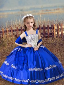 Lovely Straps Sleeveless Little Girl Pageant Gowns Floor Length Beading and Embroidery Royal Blue Satin