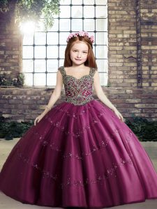  Fuchsia Tulle Lace Up Straps Sleeveless Floor Length Pageant Gowns For Girls Beading