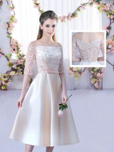 Colorful Champagne A-line Satin Off The Shoulder Half Sleeves Lace and Belt Tea Length Lace Up Dama Dress