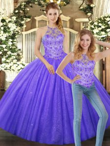 Stylish Lavender Two Pieces Halter Top Sleeveless Tulle Floor Length Lace Up Beading Quinceanera Gowns