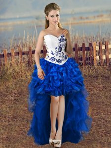  High Low Blue And White Prom Evening Gown Sweetheart Sleeveless Lace Up