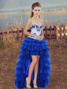  Royal Blue Sleeveless Embroidery and Ruffled Layers High Low Prom Dress