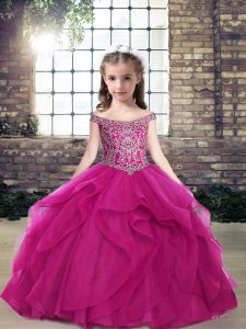 Latest Fuchsia Tulle Lace Up Off The Shoulder Sleeveless Floor Length Little Girls Pageant Gowns Beading and Ruffles