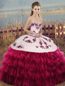 Adorable White And Red Ball Gowns Sweetheart Sleeveless Organza Floor Length Lace Up Embroidery and Ruffled Layers and Bowknot 15th Birthday Dress