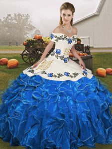 Flirting Blue And White Sleeveless Floor Length Embroidery and Ruffles Lace Up Vestidos de Quinceanera