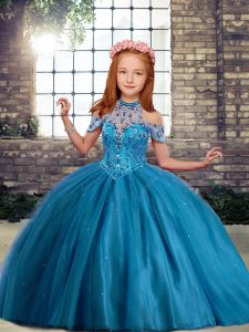 Eye-catching Floor Length Lace Up Little Girl Pageant Gowns Blue for Party and Wedding Party with Beading