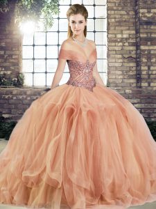  Peach Ball Gown Prom Dress Military Ball and Sweet 16 and Quinceanera with Beading and Ruffles Off The Shoulder Sleeveless Lace Up