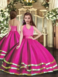 Affordable Ball Gowns Little Girls Pageant Dress Wholesale Fuchsia Halter Top Organza Sleeveless Floor Length Lace Up
