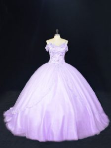 Colorful Lavender Sleeveless Tulle Court Train Lace Up Quinceanera Dresses for Sweet 16 and Quinceanera