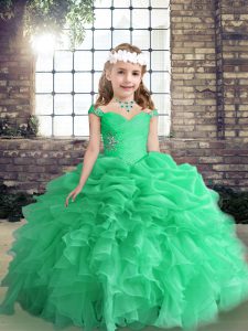  Floor Length Apple Green Little Girl Pageant Dress Straps Sleeveless Lace Up