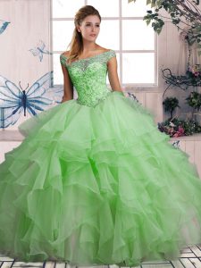 Flirting Sleeveless Organza Floor Length Lace Up Sweet 16 Dresses in Green with Beading and Ruffles