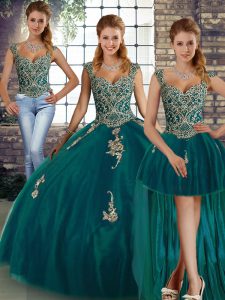  Straps Sleeveless Quinceanera Dress Floor Length Beading and Appliques Peacock Green Tulle