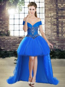 Beauteous High Low Lace Up Blue for Prom and Party with Beading