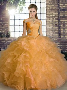 Deluxe Orange Off The Shoulder Lace Up Beading and Ruffles Quinceanera Gown Sleeveless