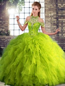  Olive Green Sleeveless Beading and Ruffles Floor Length Quinceanera Dress
