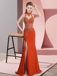  Orange Red Backless Prom Party Dress Lace and Appliques Sleeveless Floor Length