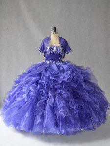 Fashionable Blue Ball Gowns Strapless Sleeveless Organza Floor Length Lace Up Beading and Ruffles Sweet 16 Dress