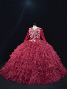  Ruffled Layers Sweet 16 Dress Burgundy Lace Up Long Sleeves Floor Length