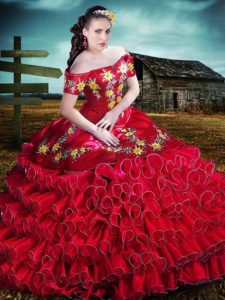 Lovely Red Ball Gowns Off The Shoulder Sleeveless Organza Floor Length Lace Up Embroidery and Ruffles 15 Quinceanera Dress