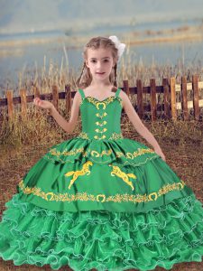  Beading and Embroidery and Ruffled Layers Pageant Gowns For Girls Turquoise Lace Up Sleeveless Floor Length