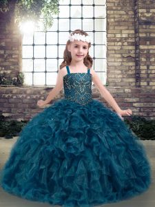 Excellent Floor Length Lace Up Kids Formal Wear Teal for Party and Wedding Party with Beading and Ruffles
