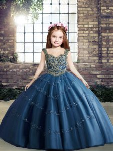  Blue Straps Lace Up Beading Little Girl Pageant Dress Sleeveless