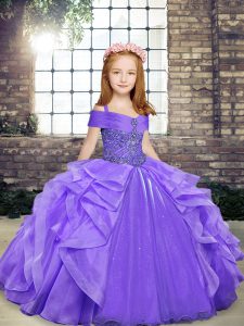  Lavender Lace Up Little Girl Pageant Gowns Beading and Ruffles Sleeveless Floor Length