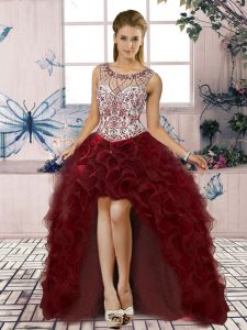 Cute High Low A-line Sleeveless Burgundy Prom Evening Gown Lace Up