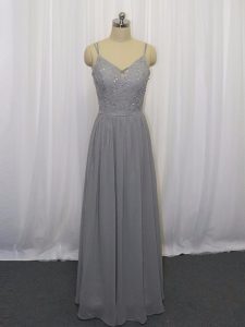Perfect Grey Empire Chiffon Straps Sleeveless Beading and Lace Floor Length Zipper Evening Dress
