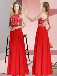 Discount Red Empire Chiffon Scoop Sleeveless Beading Floor Length Backless Evening Dress