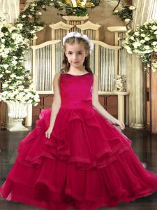 Superior Red Ball Gowns Sleeveless Tulle Floor Length Lace Up Ruffled Layers Little Girls Pageant Dress
