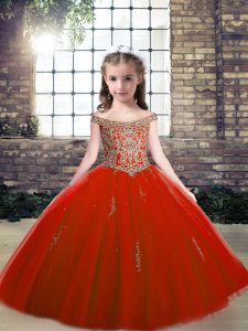 Stunning Off The Shoulder Sleeveless Kids Formal Wear Floor Length Beading and Appliques Red Tulle
