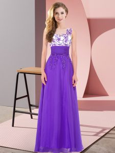 Suitable Purple Sleeveless Floor Length Appliques Backless Quinceanera Dama Dress