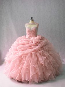 Latest Sleeveless Beading and Ruffles and Pick Ups Lace Up Quinceanera Gowns with Pink Brush Train