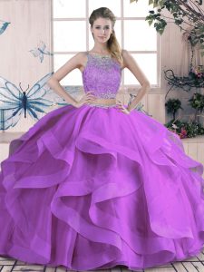 Flare Purple Scoop Neckline Beading and Lace and Ruffles Quinceanera Dresses Sleeveless Lace Up