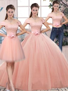 New Style Pink Short Sleeves Floor Length Lace and Hand Made Flower Lace Up Quinceanera Gown