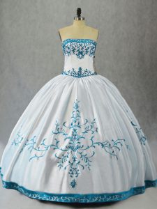 Classical Aqua Blue Ball Gowns Strapless Sleeveless Satin Floor Length Lace Up Embroidery Quinceanera Dress
