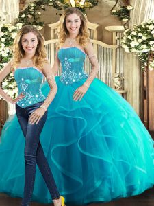 Chic Aqua Blue Sleeveless Floor Length Beading and Ruffles Lace Up Sweet 16 Dresses