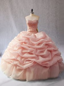 Captivating Organza Sweetheart Sleeveless Lace Up Beading and Pick Ups Sweet 16 Dress in Peach