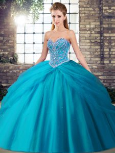 Affordable Sweetheart Sleeveless Brush Train Lace Up Ball Gown Prom Dress Aqua Blue Tulle