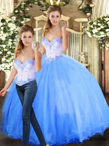 Pretty Blue Ball Gowns Sweetheart Sleeveless Tulle Floor Length Lace Up Beading Ball Gown Prom Dress