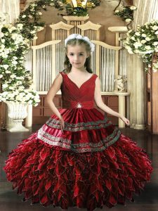 Fashionable V-neck Sleeveless Kids Pageant Dress Beading and Appliques and Ruffles Backless