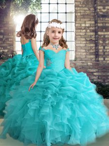  Aqua Blue Side Zipper Little Girls Pageant Dress Wholesale Beading and Ruffles Sleeveless Floor Length