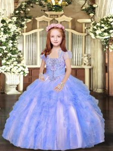 Sleeveless Floor Length Beading and Ruffles Lace Up Little Girls Pageant Dress with Blue And White
