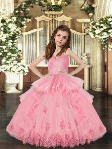  Baby Pink Straps Neckline Lace and Appliques Pageant Gowns For Girls Sleeveless Lace Up