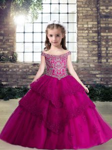  Floor Length Fuchsia Little Girl Pageant Gowns Tulle Sleeveless Beading and Lace and Appliques